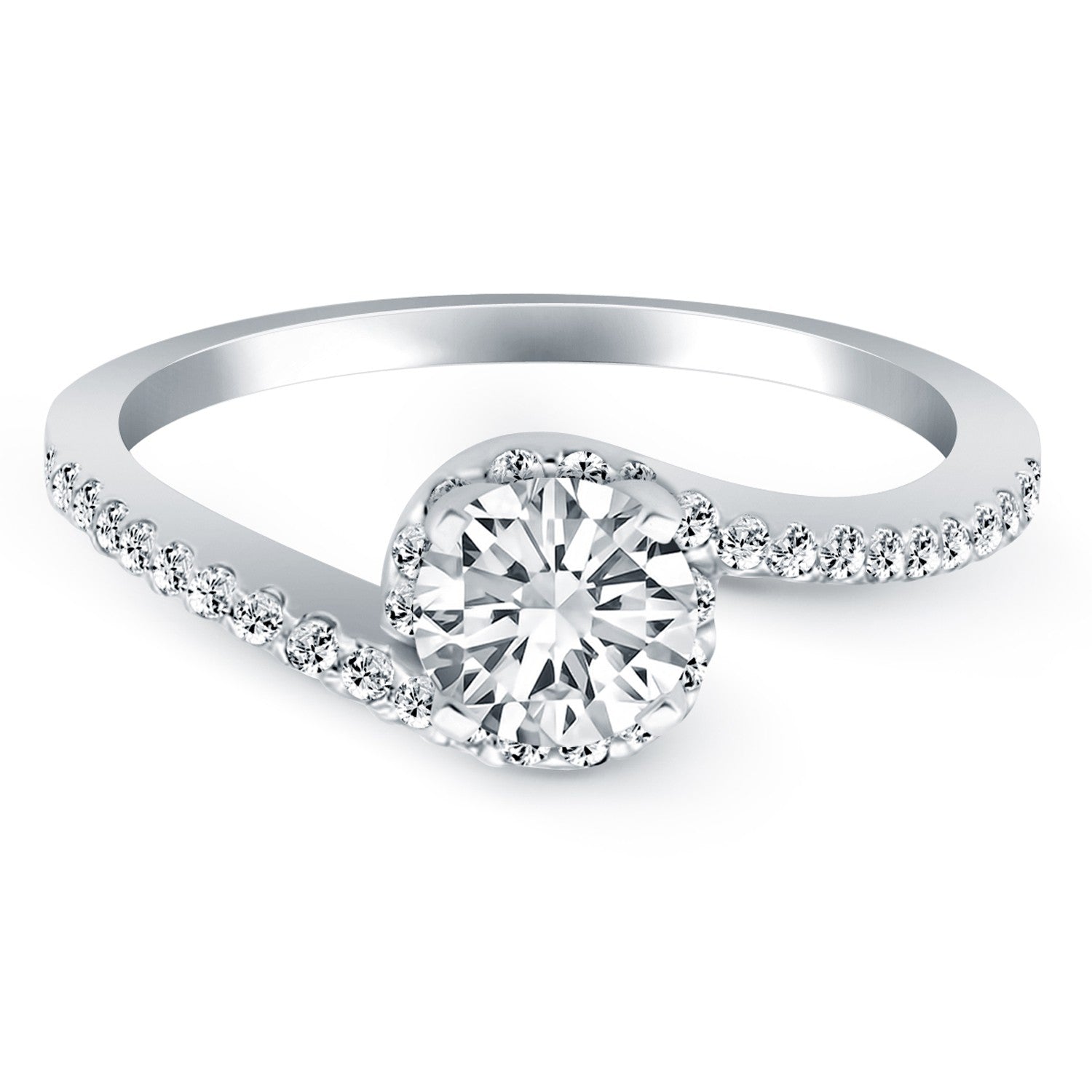 14k white gold bypass swirl diamond halo engagement ring with a round center stone.