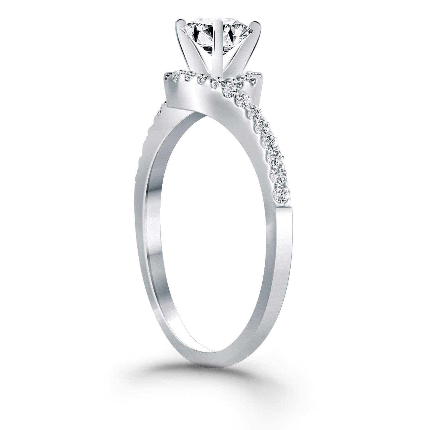 14k white gold bypass swirl diamond halo engagement ring with a round center stone.