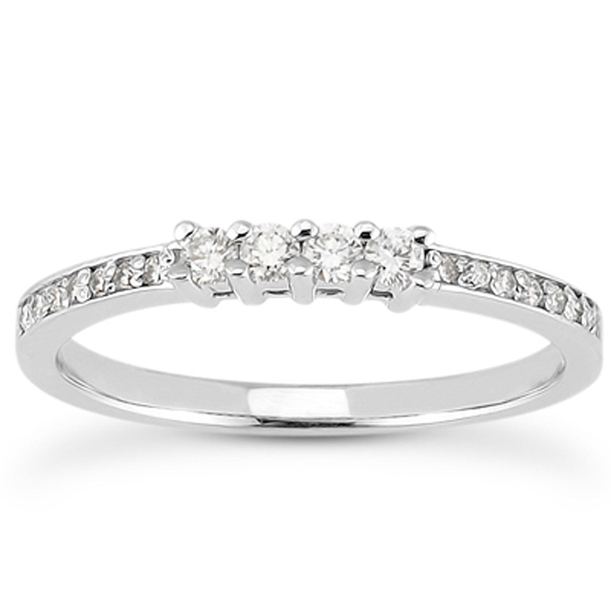 14k white gold wedding band with four prong-set diamonds and pave-set diamonds.