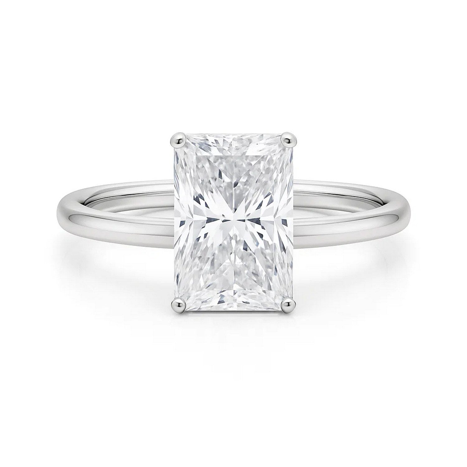 A radiant lab-grown diamond solitaire ring in 14K white gold.