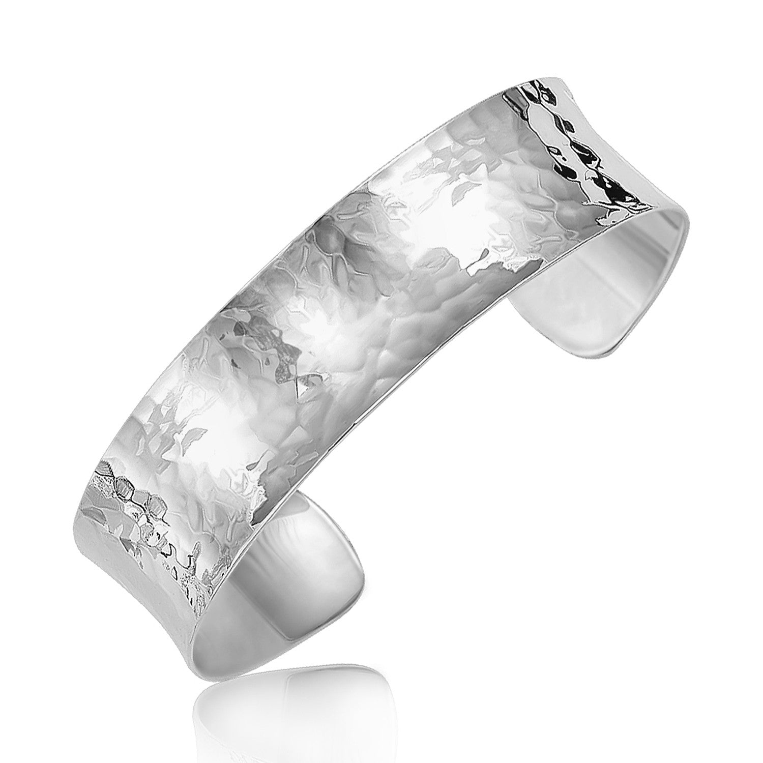 Sterling silver rhodium-plated concave cuff with a fancy hammered motif.