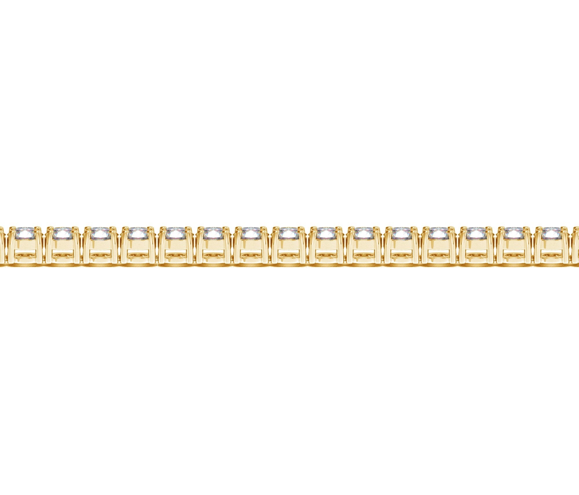 A yellow gold tennis bracelet featuring round, lab-grown diamonds in a four-prong setting.