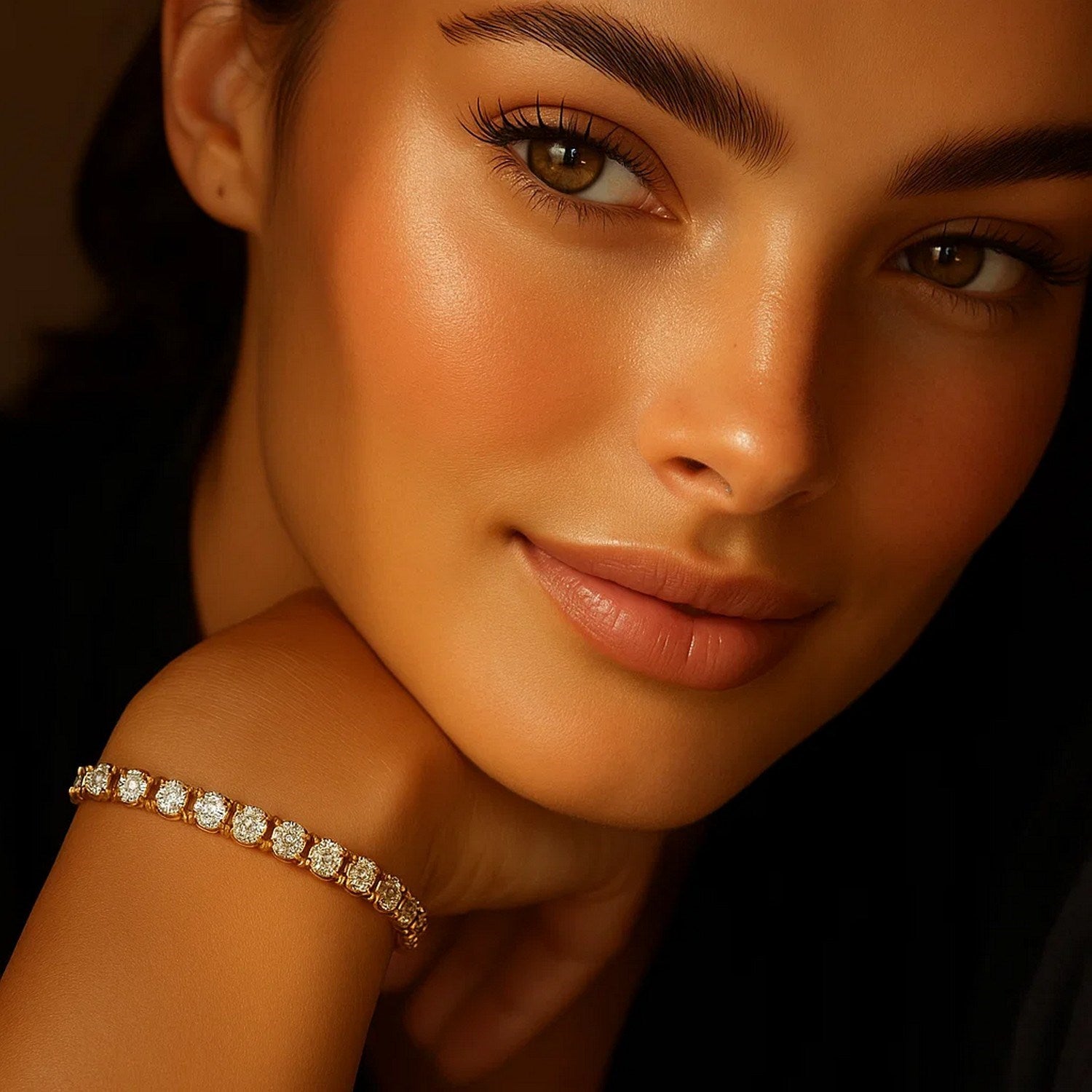 A woman wears a yellow gold tennis bracelet with round diamonds on her left wrist.