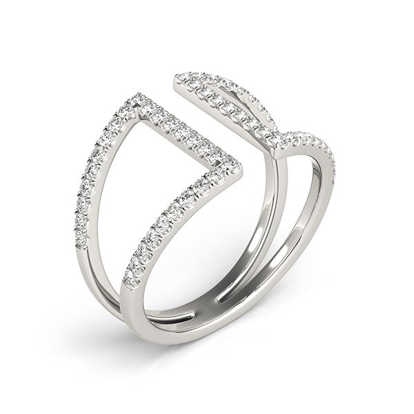 14k white gold open style dual band ring with 54 round diamonds.