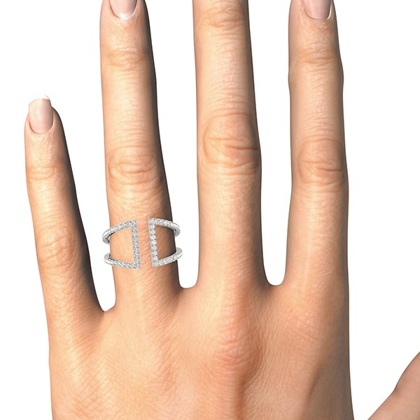 14k white gold open style dual band ring with round diamonds on a hand.