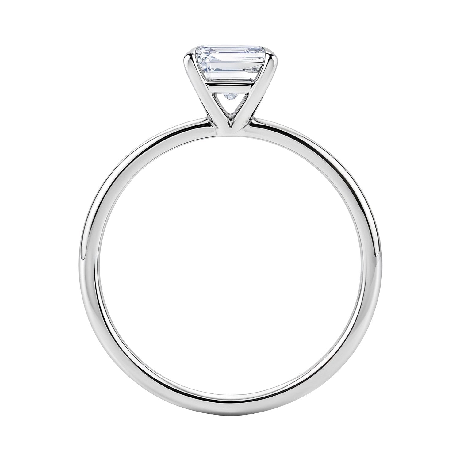 14K white gold solitaire ring with an emerald-cut lab-grown diamond in a four-prong setting.