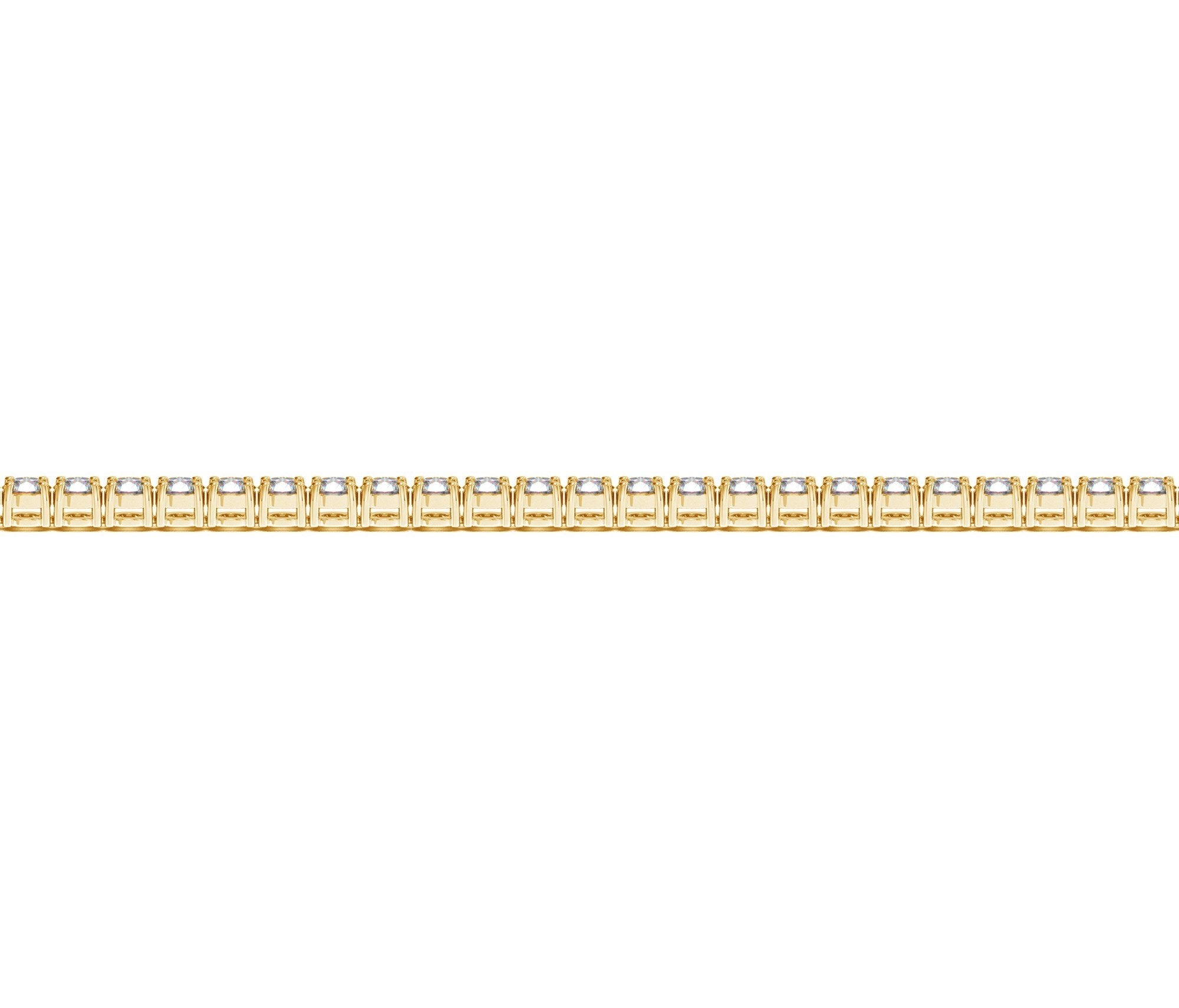 A yellow gold tennis bracelet with round, brilliant-cut diamonds.