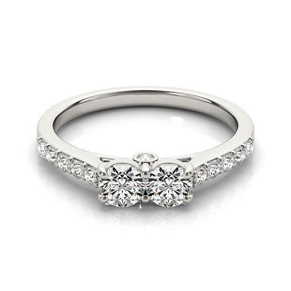 14k white gold two-stone diamond ring with a diamond-accented band.
