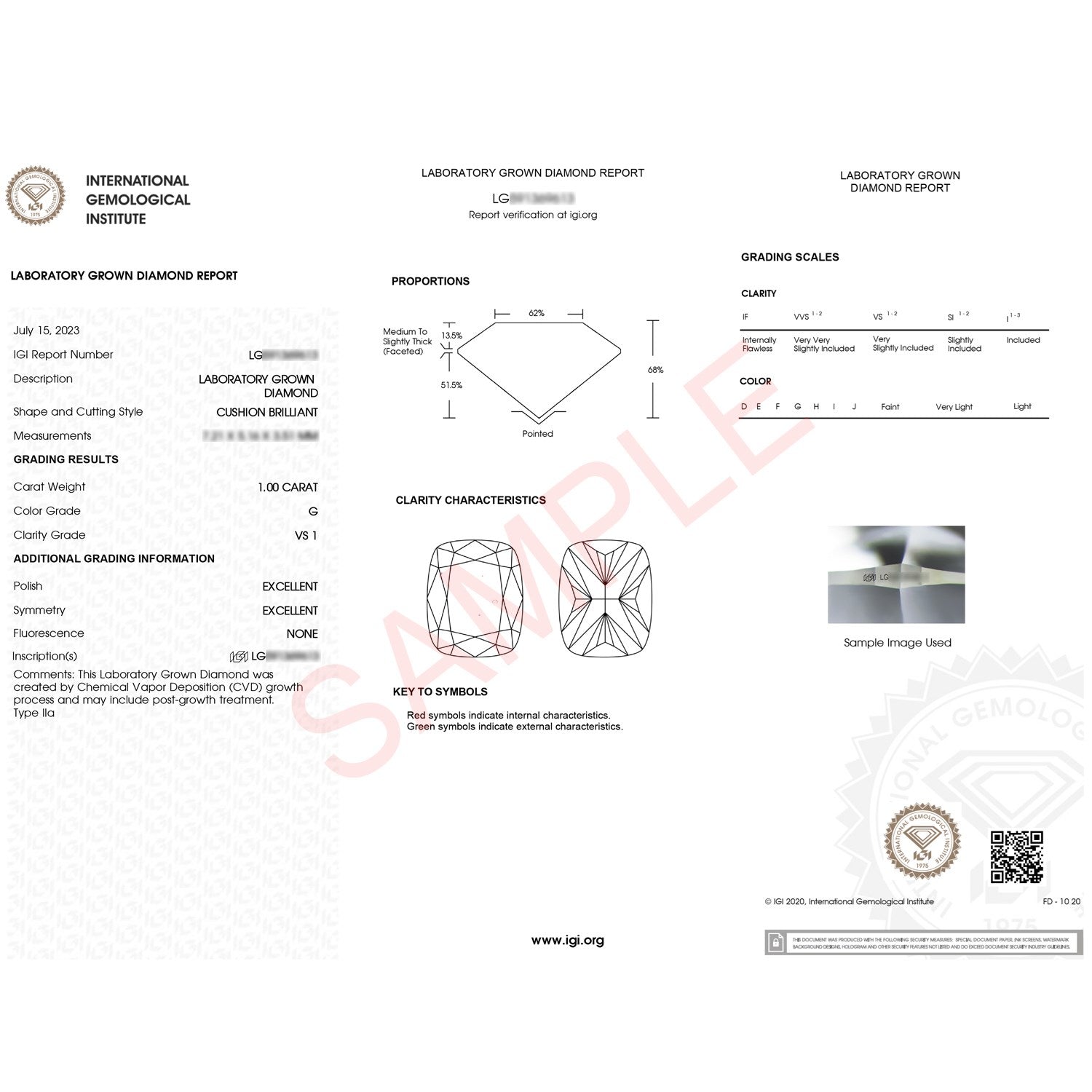 An IGI lab-grown diamond report for a 1 carat cushion brilliant diamond.