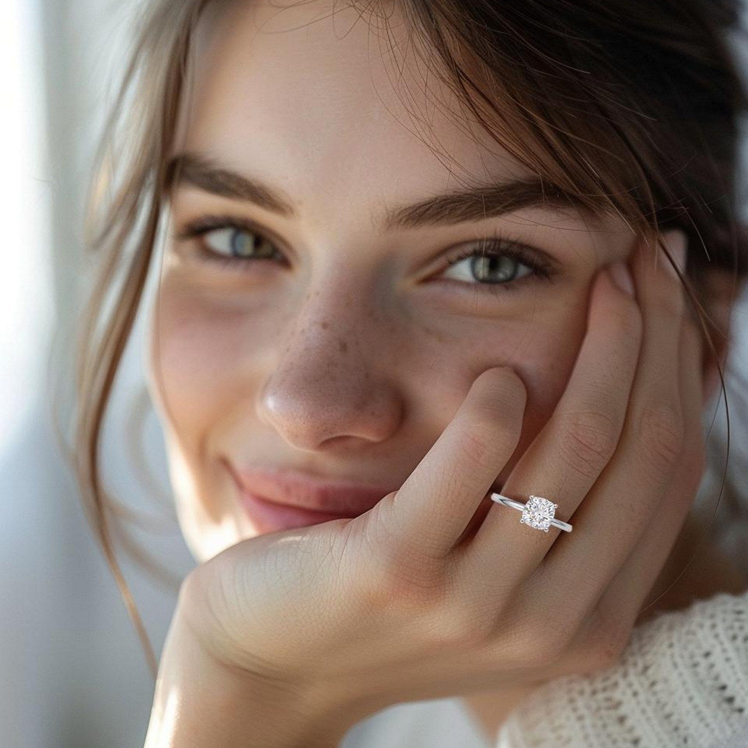 A woman wears a 1 carat cushion lab grown diamond solitaire ring on her left hand.