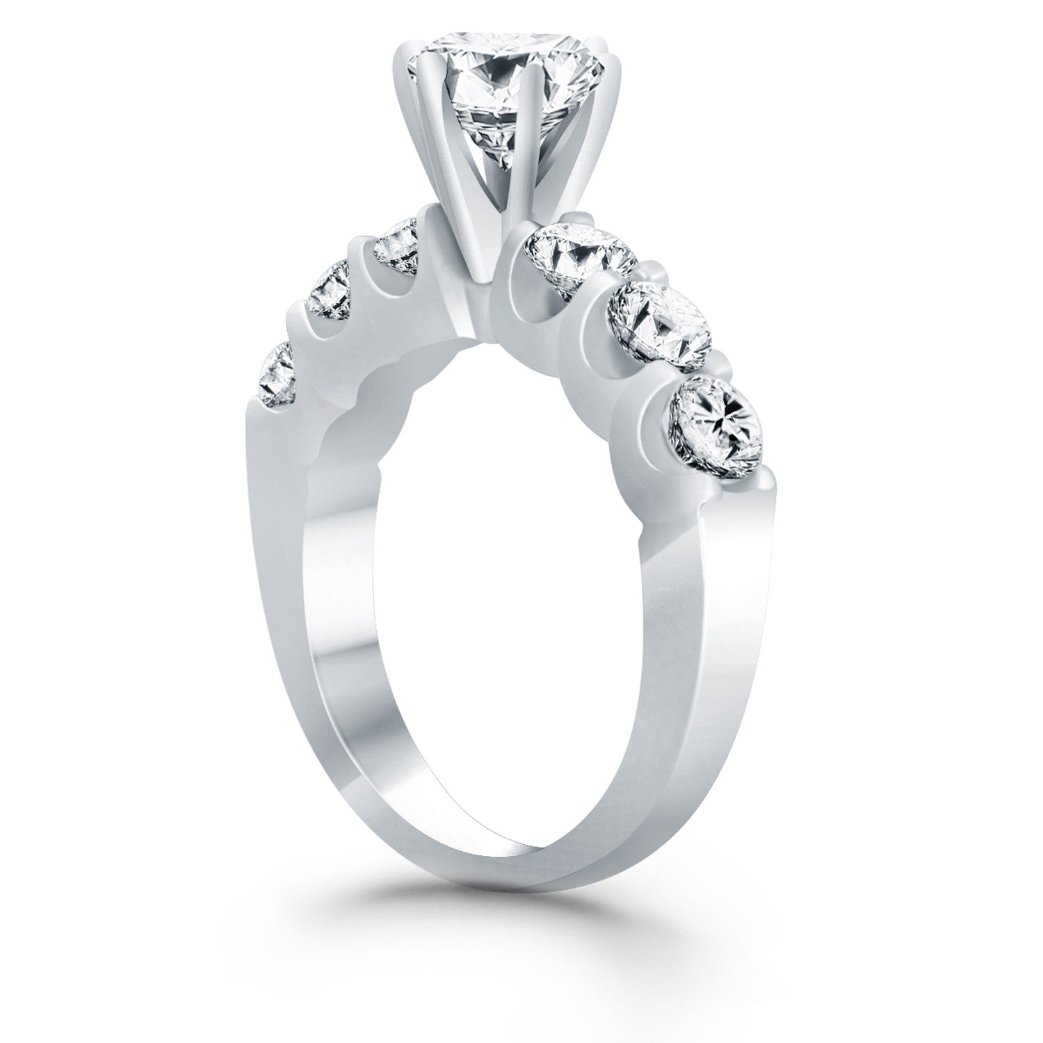 14k white gold engagement ring with a round center diamond and six accent diamonds.