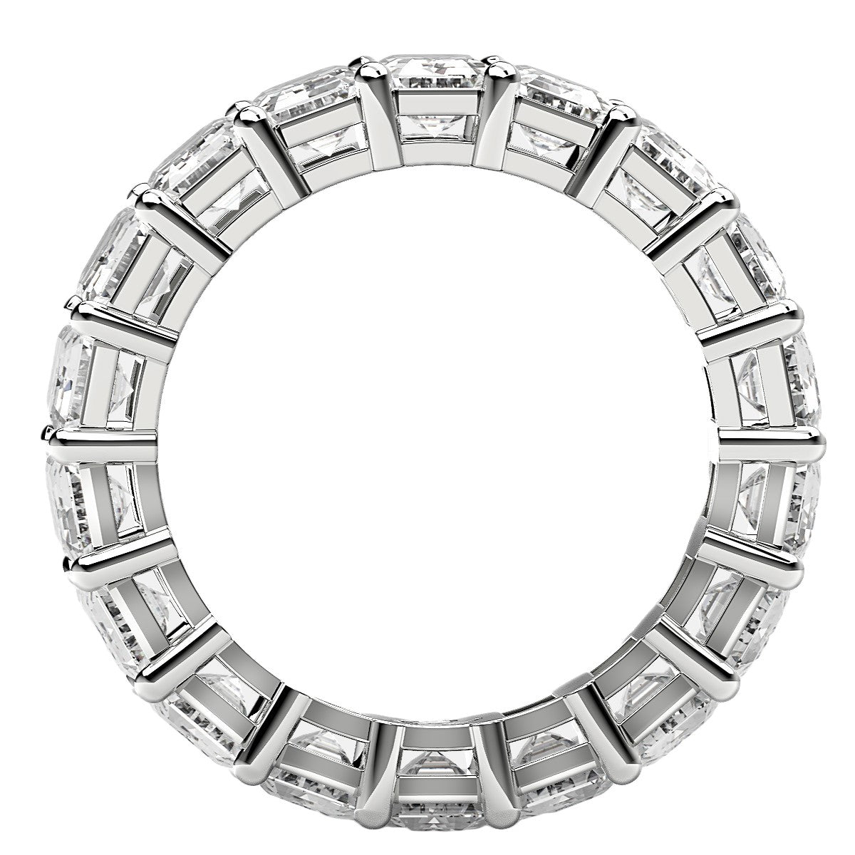 Emerald cut lab grown diamond eternity ring in 14k white gold.