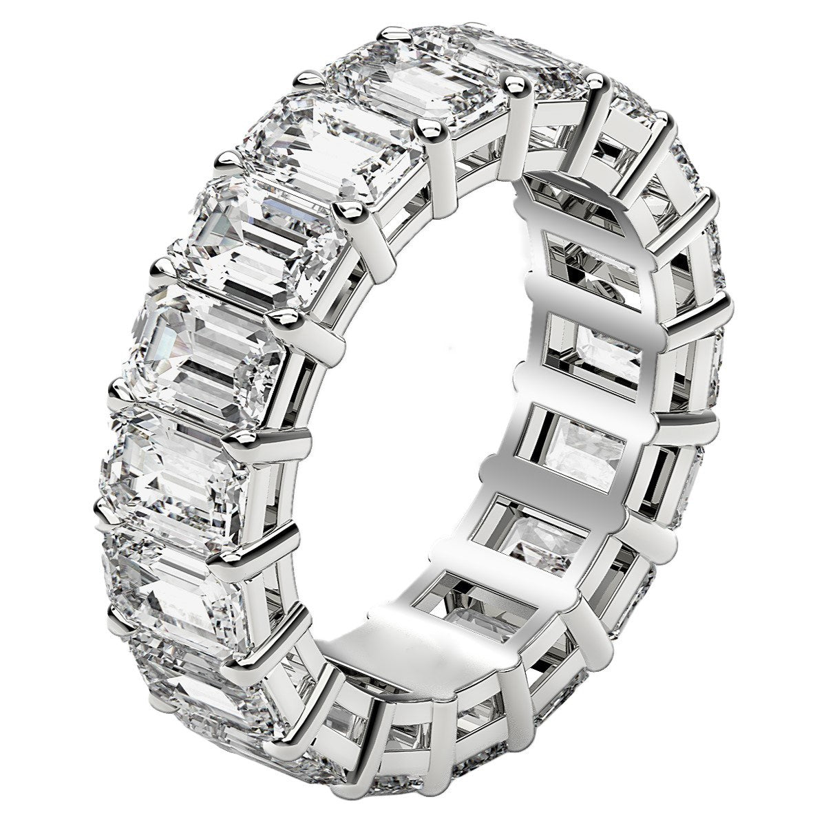 Emerald cut lab grown diamond eternity ring in 14k white gold.