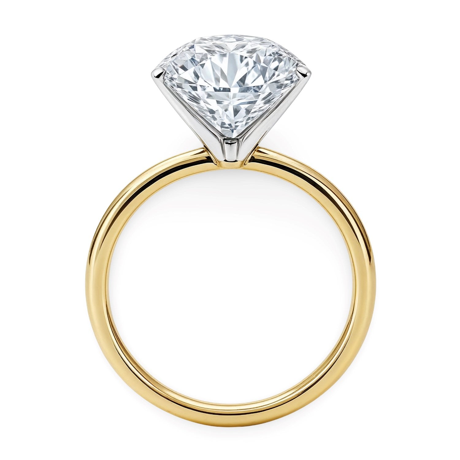 A 5 carat round lab grown diamond solitaire ring in 10K yellow gold.