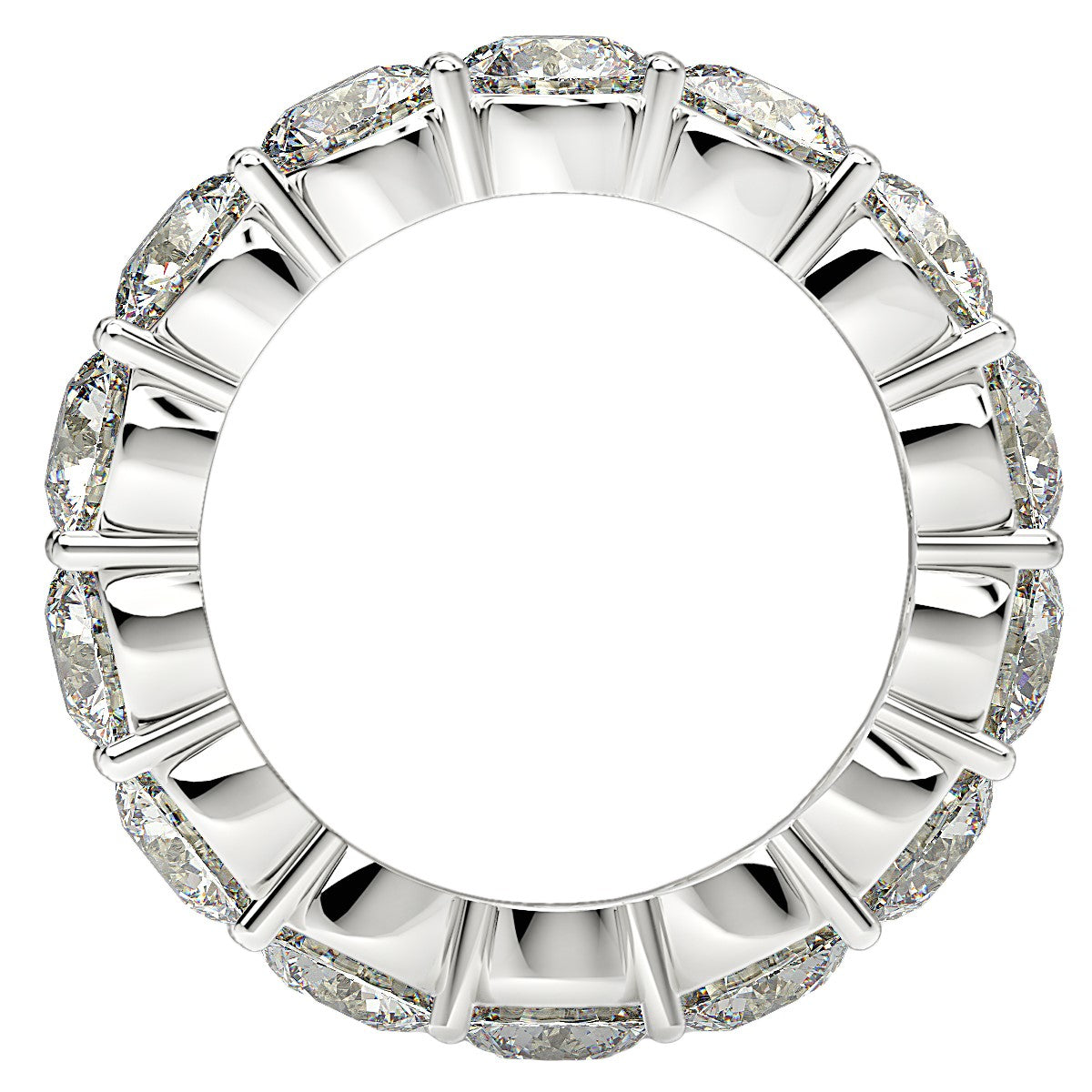 Round cut lab grown diamond eternity ring in 14k white gold.