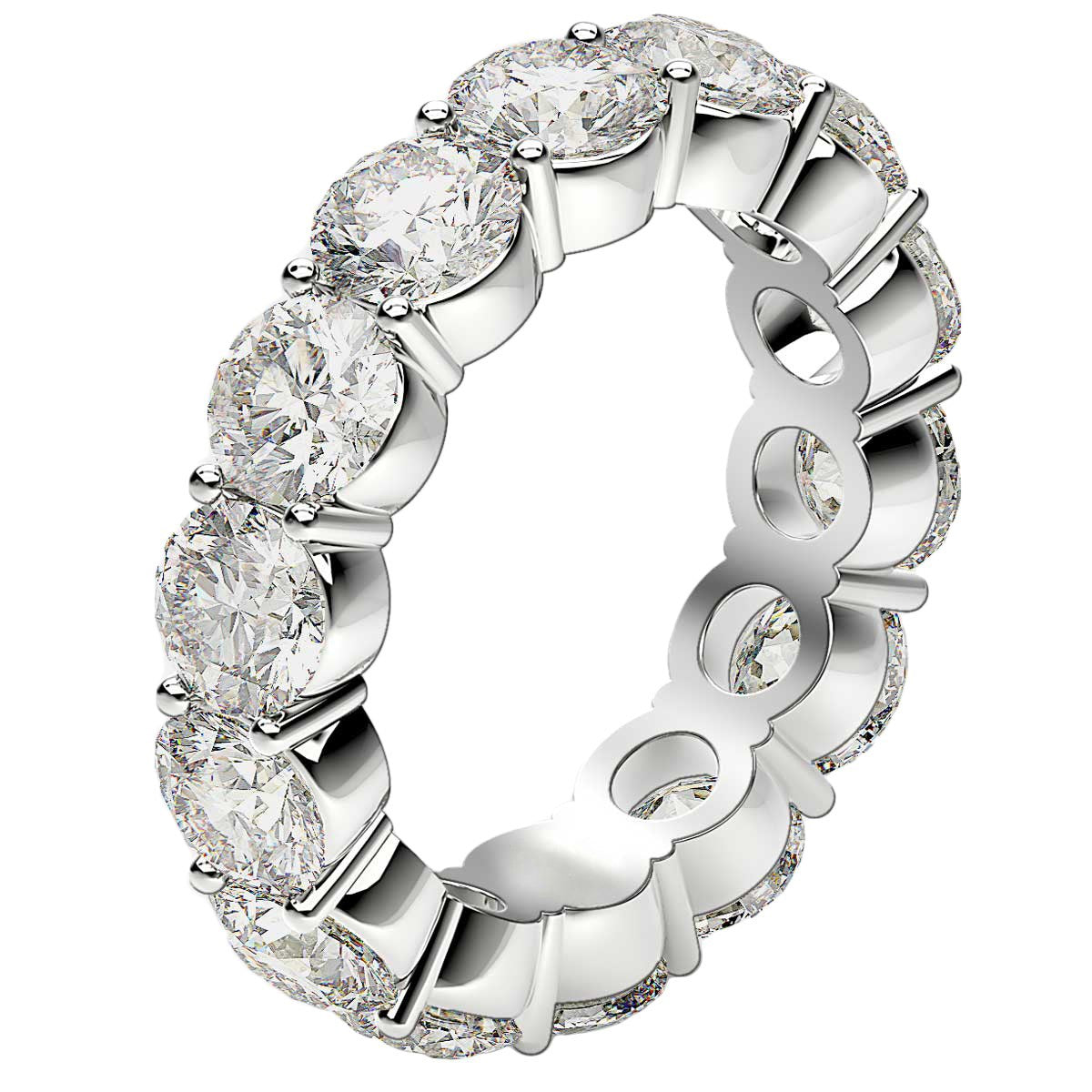 A round cut lab grown diamond eternity ring in 14k white gold.
