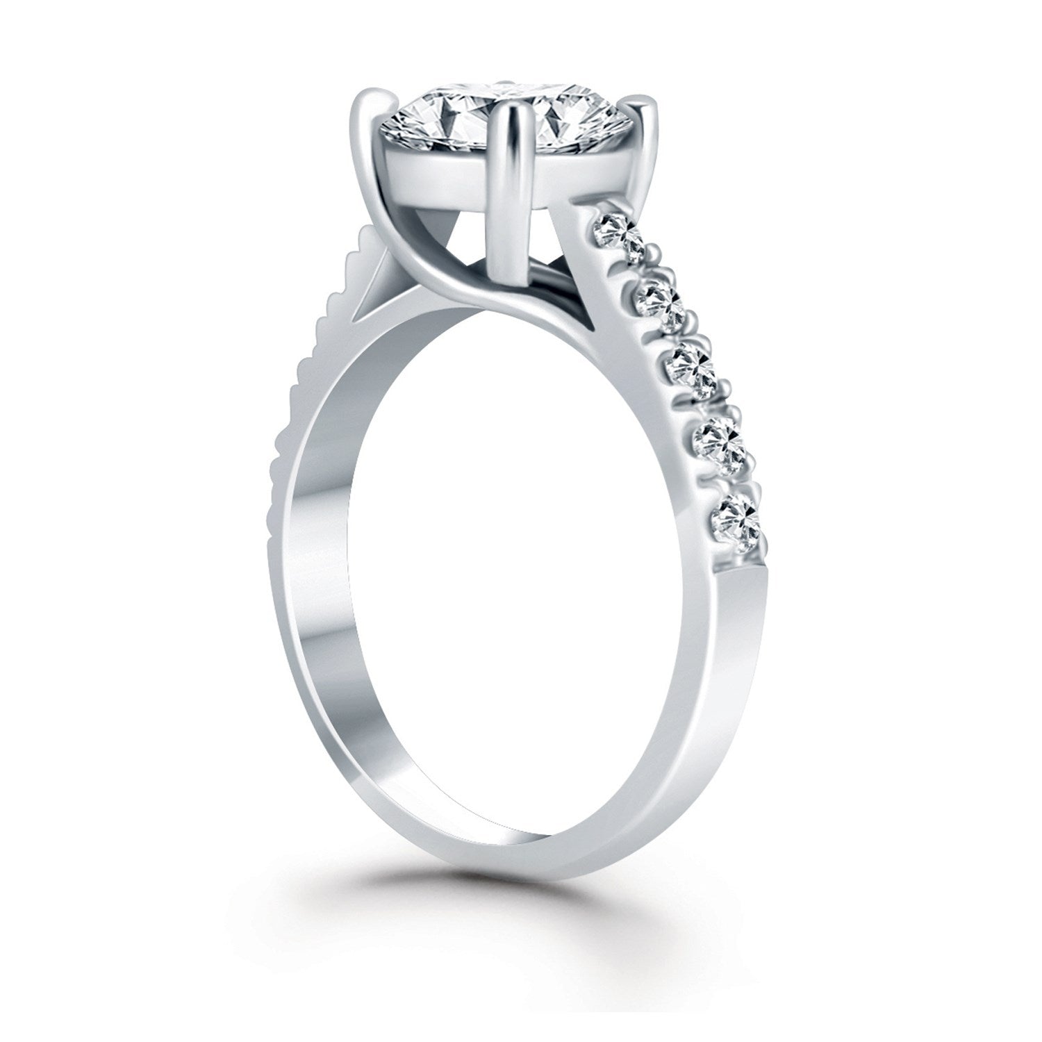 14k white gold trellis engagement ring with a round center diamond and side diamonds.