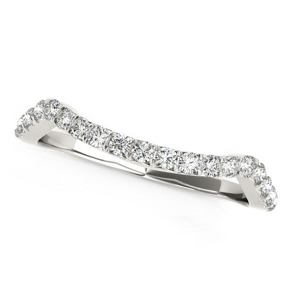 14k white gold modern curvy diamond wedding band with prong-set round diamonds.