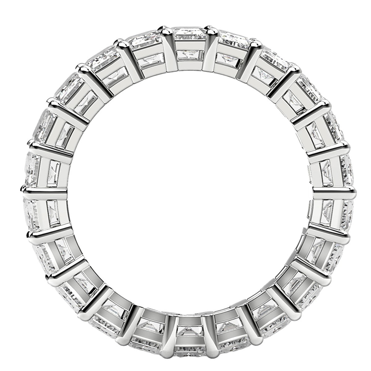 Emerald cut lab grown diamond eternity ring in 14k white gold.