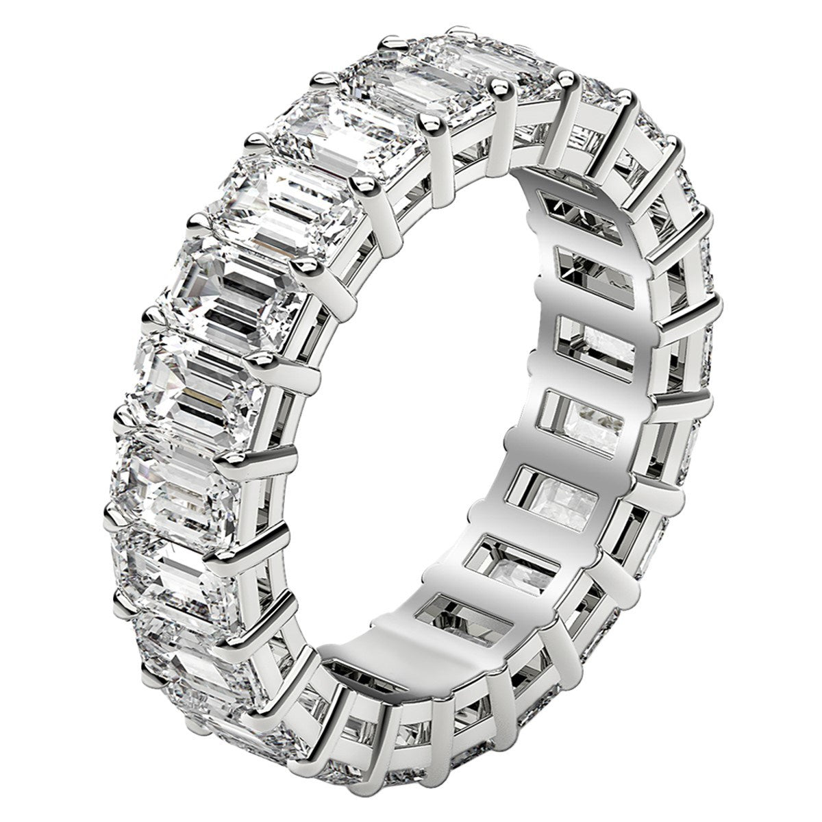 Emerald cut lab grown diamond eternity ring in 14k white gold.