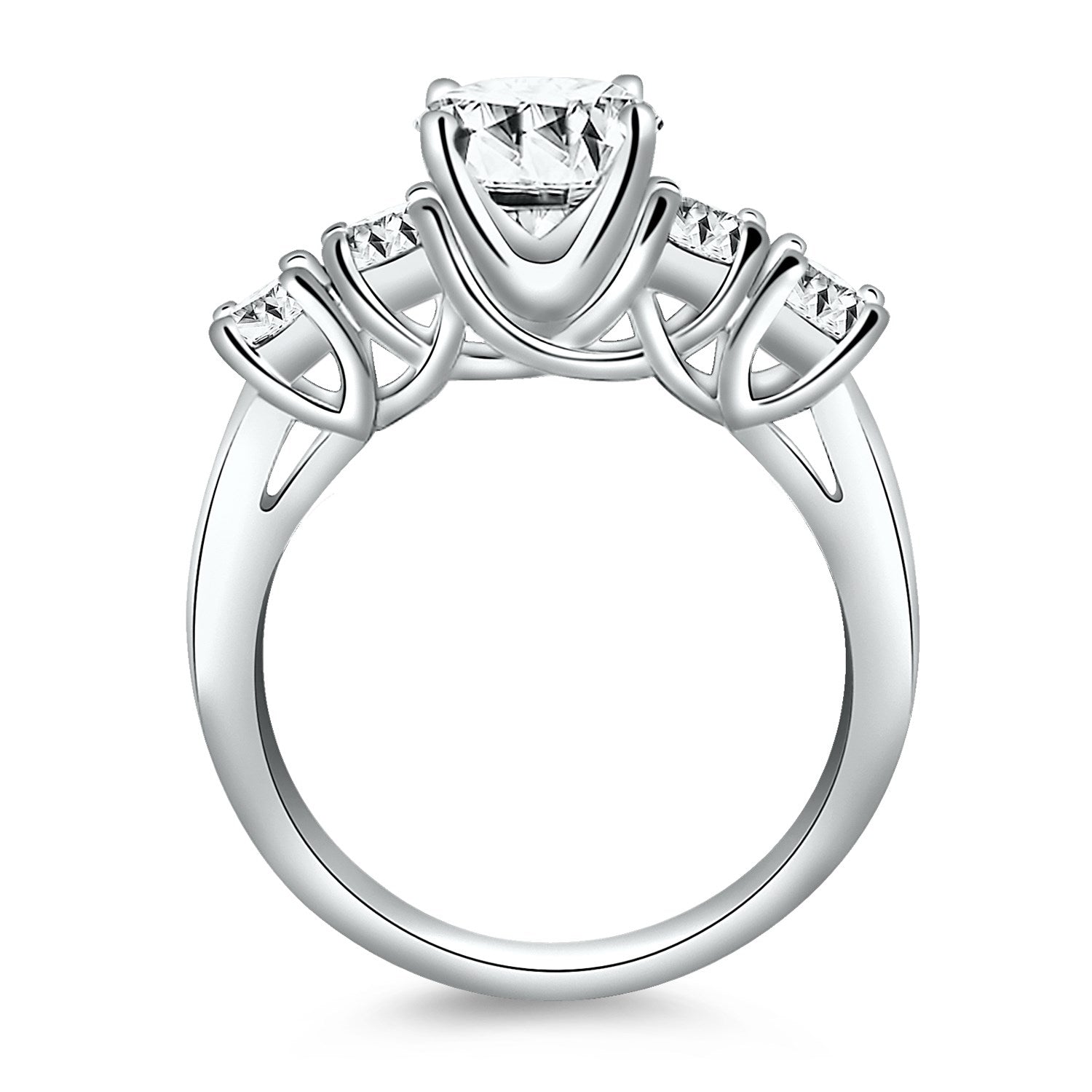 14k white gold five-stone diamond trellis engagement ring with a large center diamond.