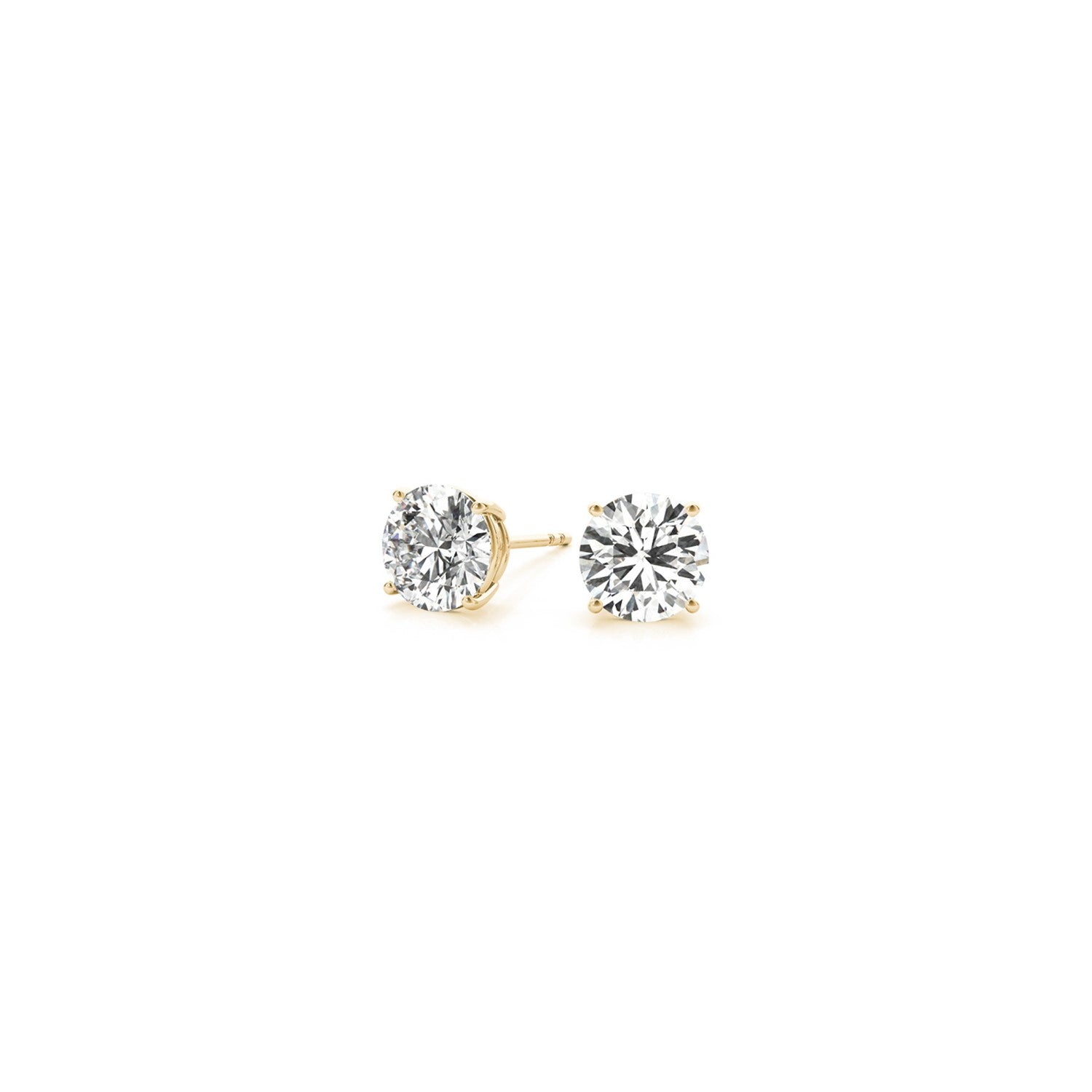 Two round lab-grown diamond stud earrings in 14k yellow gold with four prongs.
