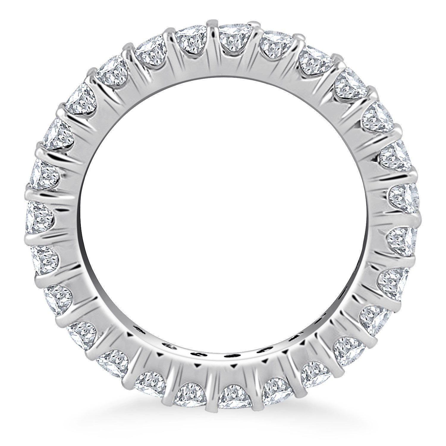 14k white gold eternity ring with round diamonds in a common prong setting.