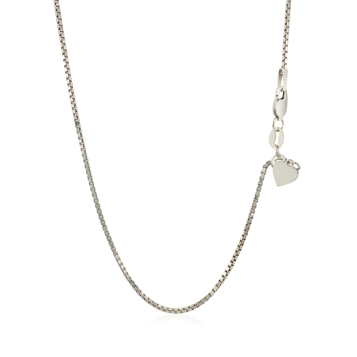 Sterling silver 1.4mm adjustable box chain with a heart dangle and lobster clasp.