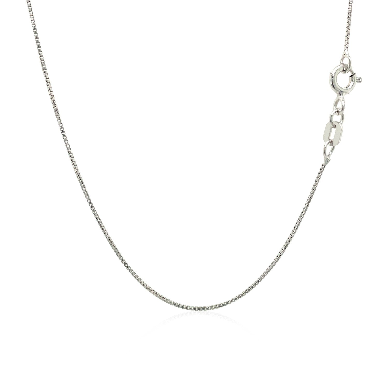 Sterling silver rhodium-plated box chain with a spring ring clasp.