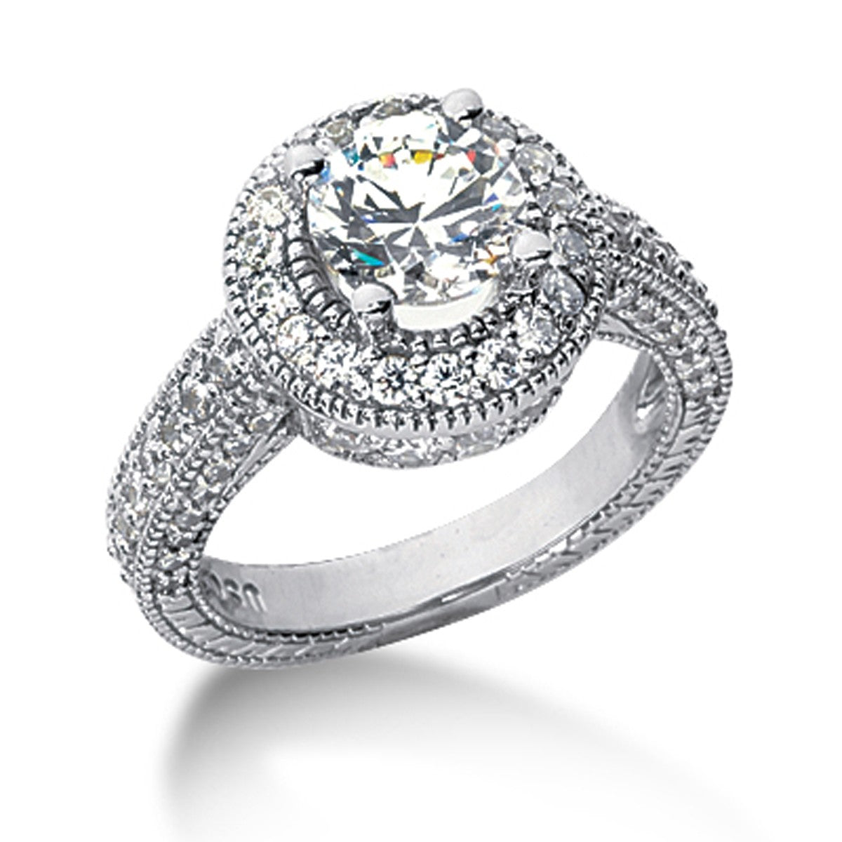 A 14k white gold vintage halo diamond semi-mount ring with a large center stone.