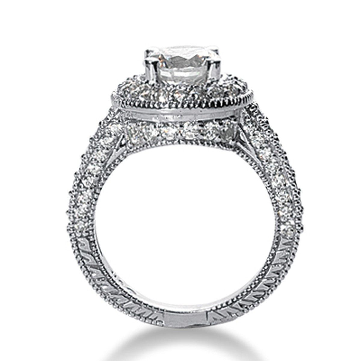 14k white gold vintage halo diamond semi-mount ring with intricate detailing.