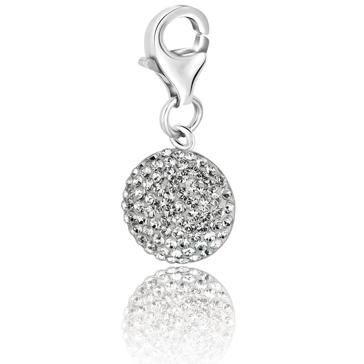 Sterling silver round charm with white tone crystal embellishments and a lobster clasp.