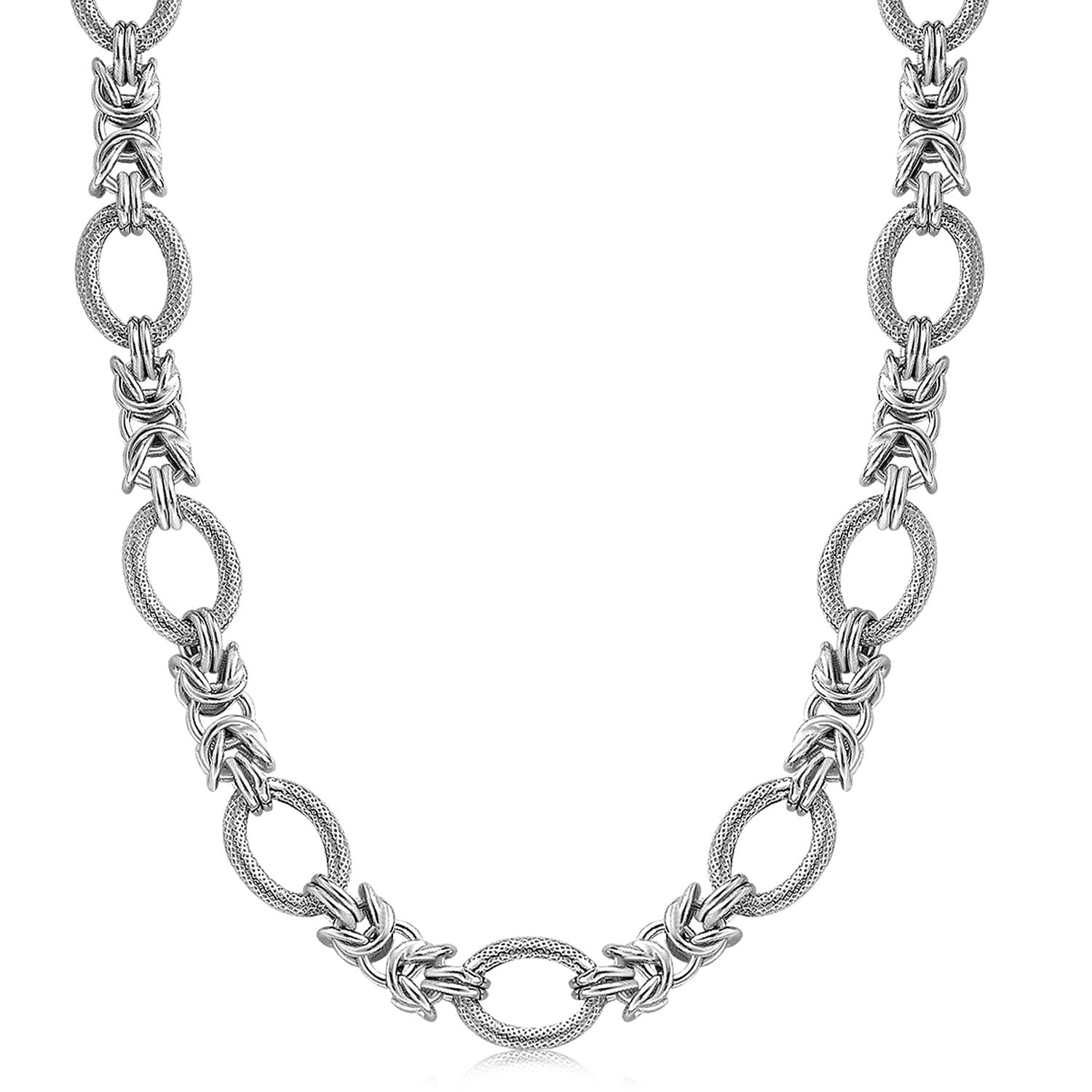 Sterling silver rhodium-plated necklace with textured oval and knot-style links.