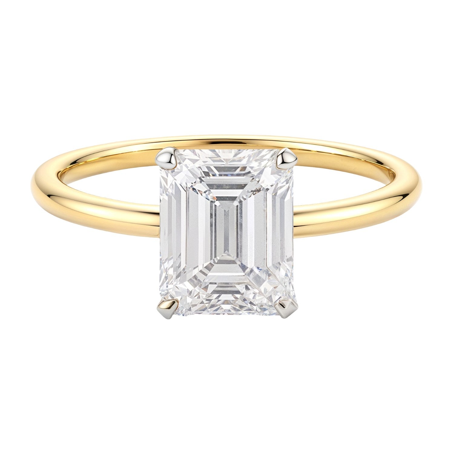 A 14K yellow gold solitaire ring with a 2 carat emerald-cut lab-grown diamond.