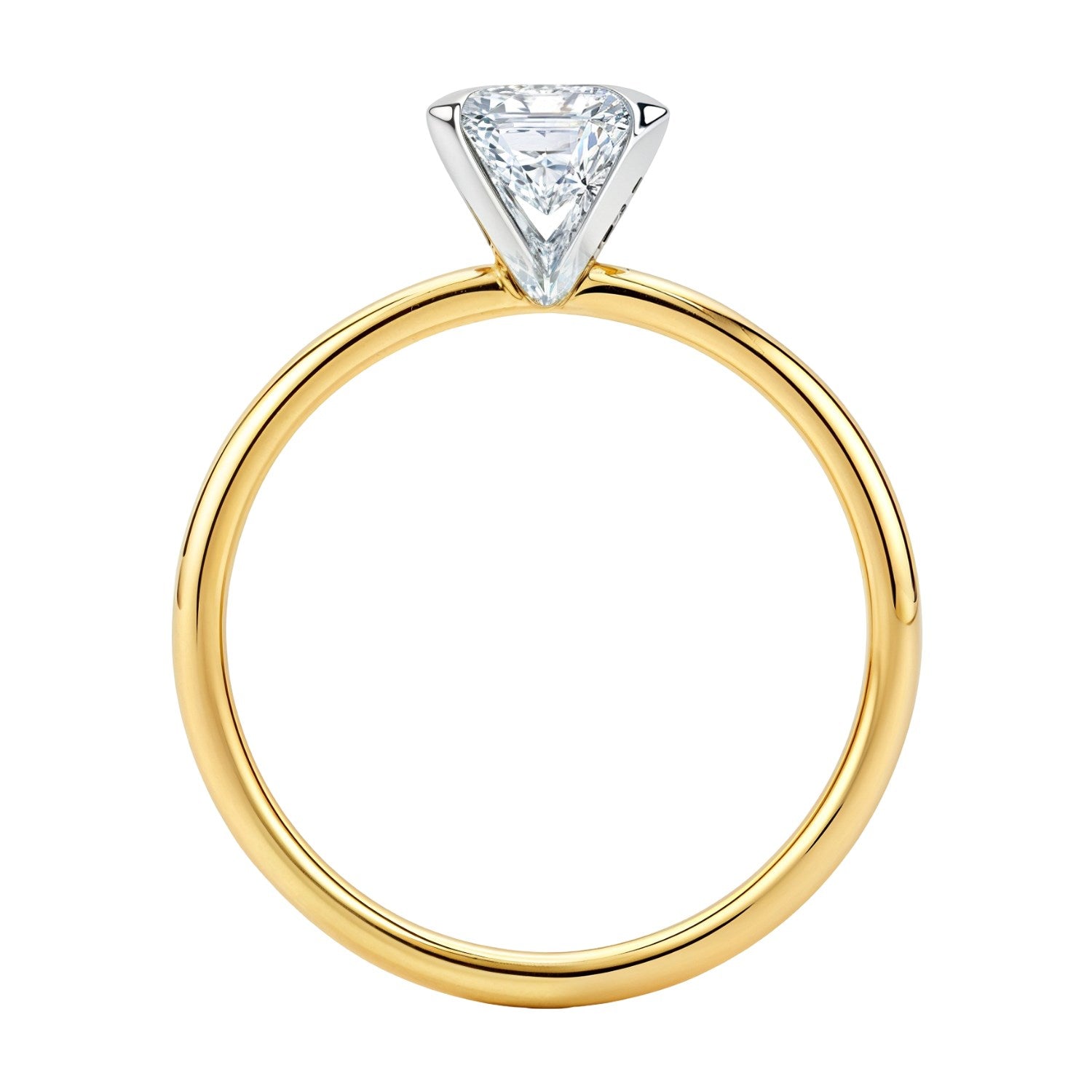 A 14K yellow gold solitaire ring with an emerald-cut lab-grown diamond.