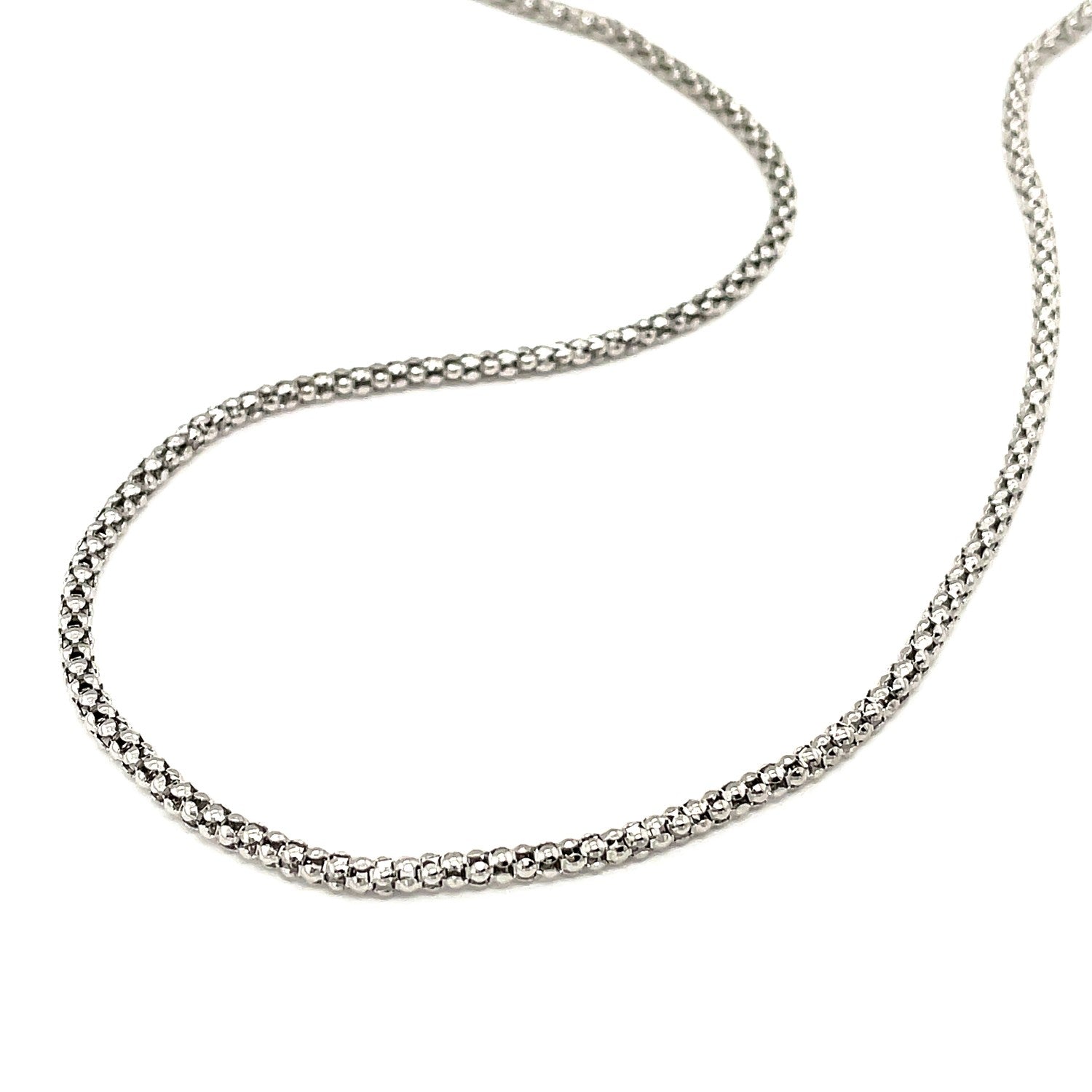 Rhodium-plated sterling silver popcorn chain on a white background.