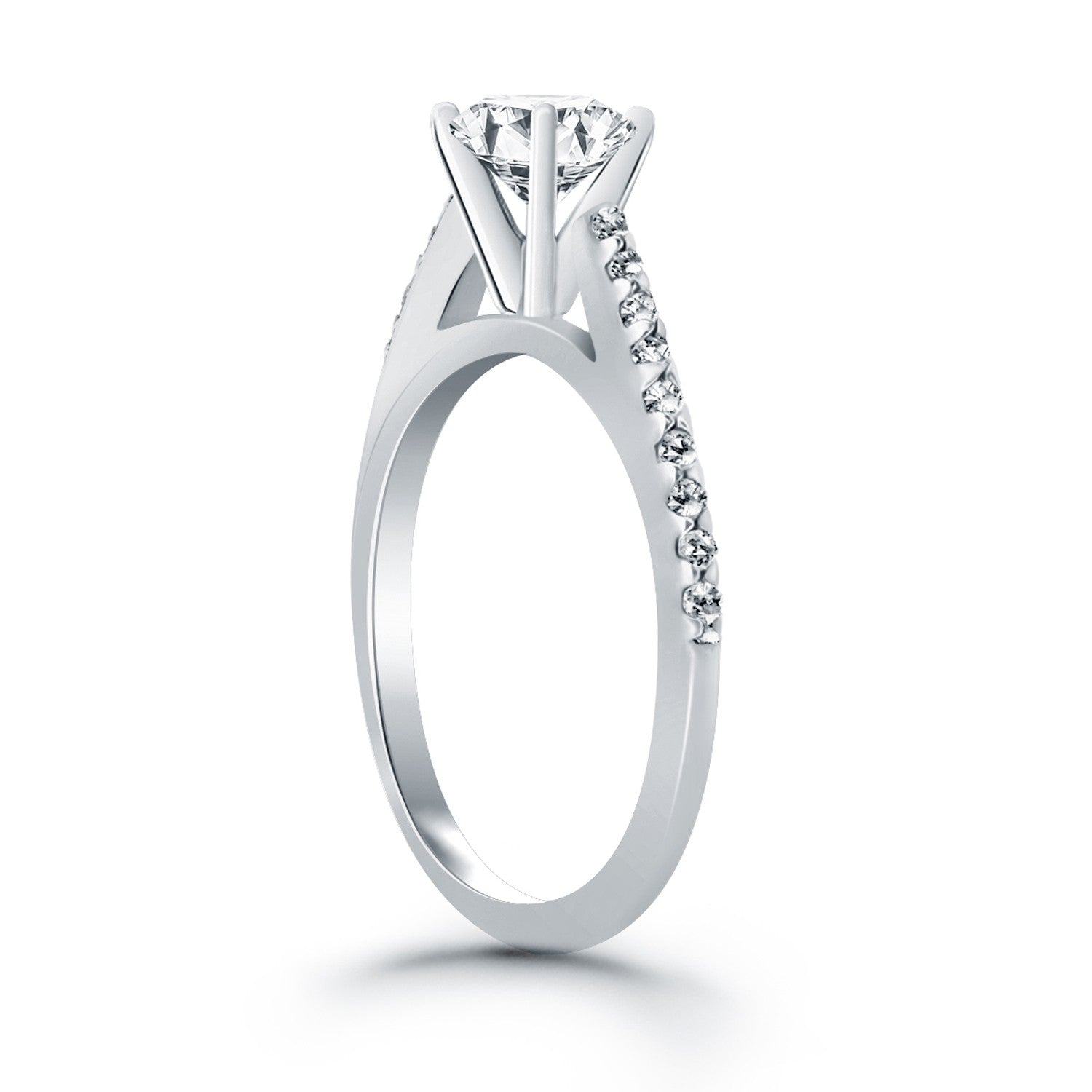 14k white gold micro prong diamond cathedral engagement ring with a round center diamond.