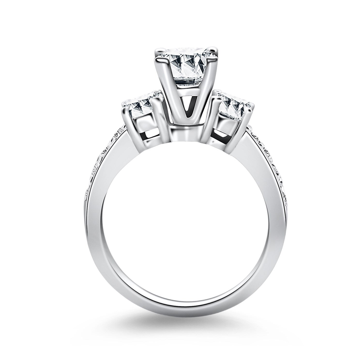 14k white gold three-stone engagement ring with a diamond band.