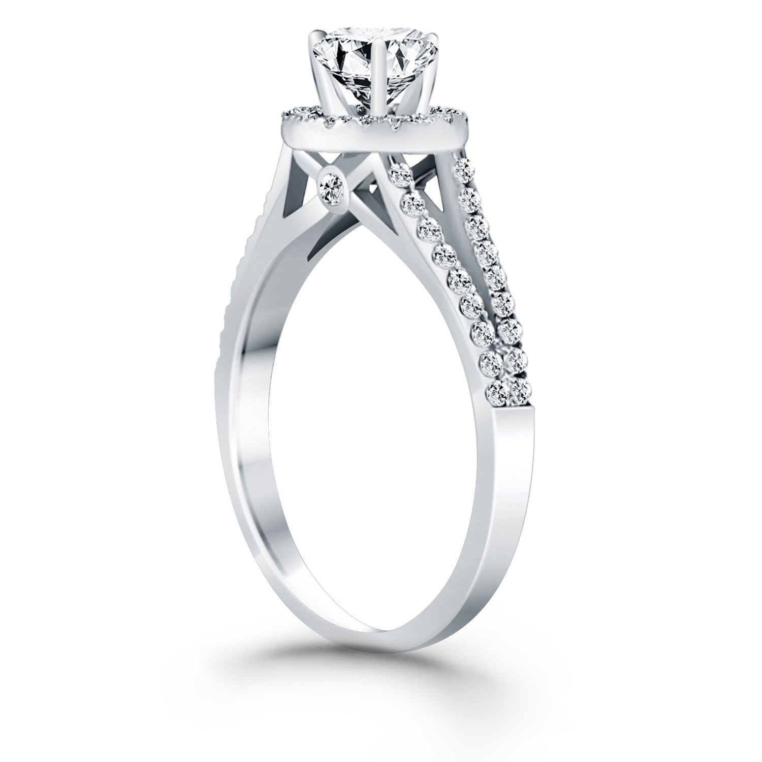 14k white gold diamond halo split shank engagement ring with pave diamonds.