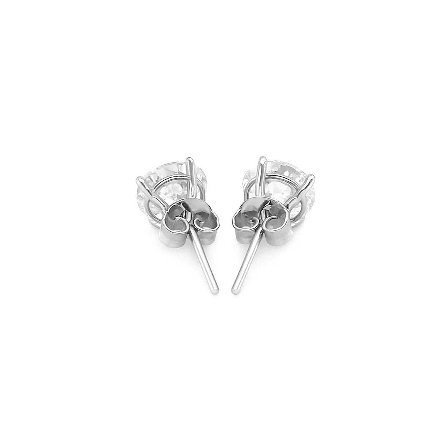 A pair of sterling silver stud earrings with white faceted cubic zirconia.