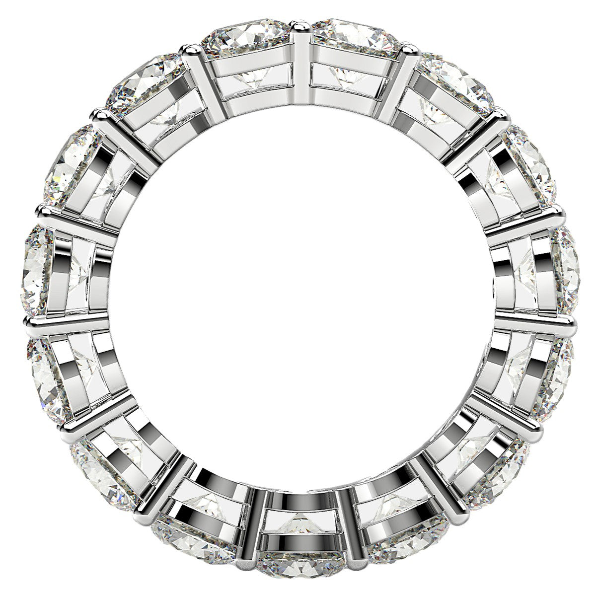 Round cut lab grown diamond eternity ring in 14k white gold with common prong setting.
