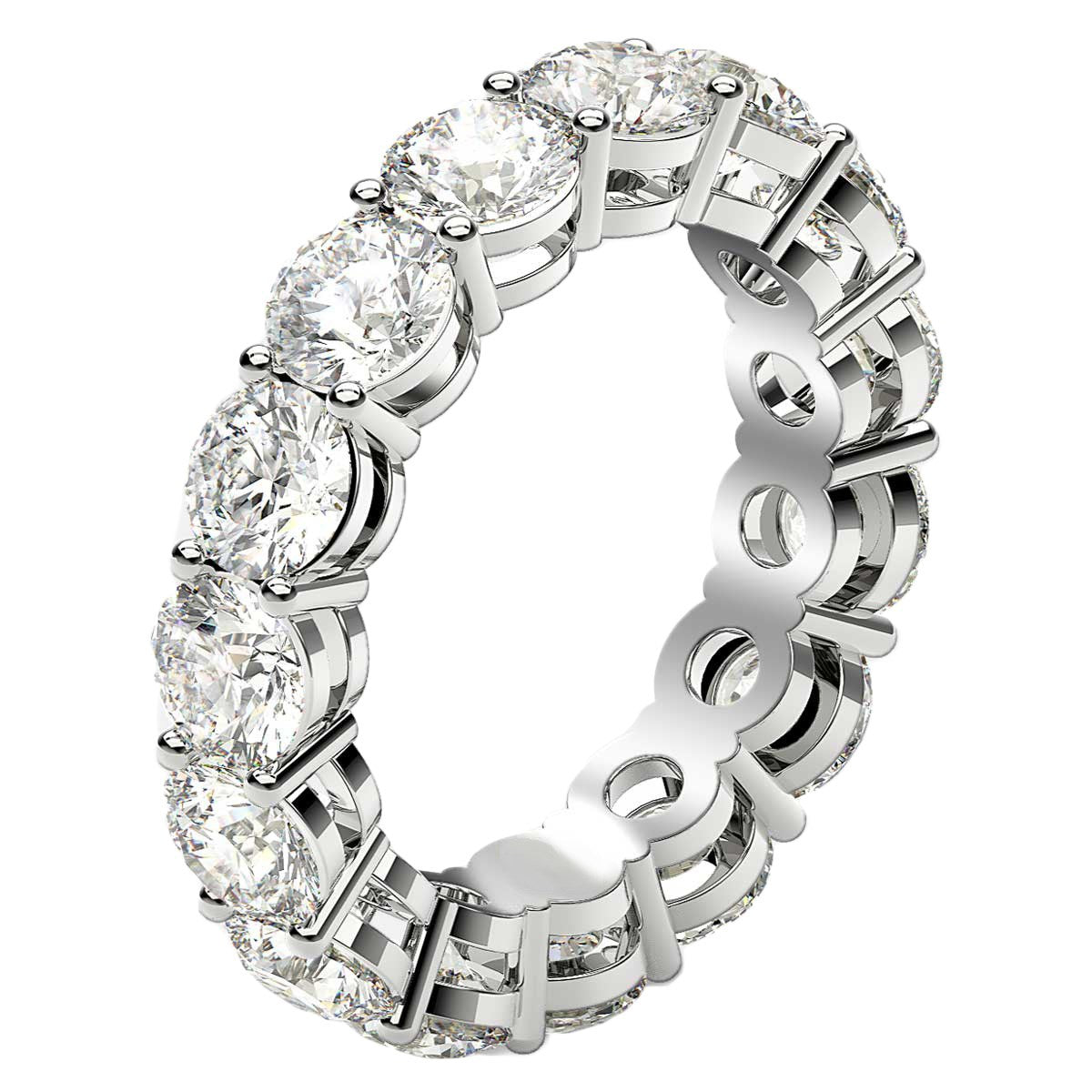 A round cut lab grown diamond eternity ring in 14k white gold.