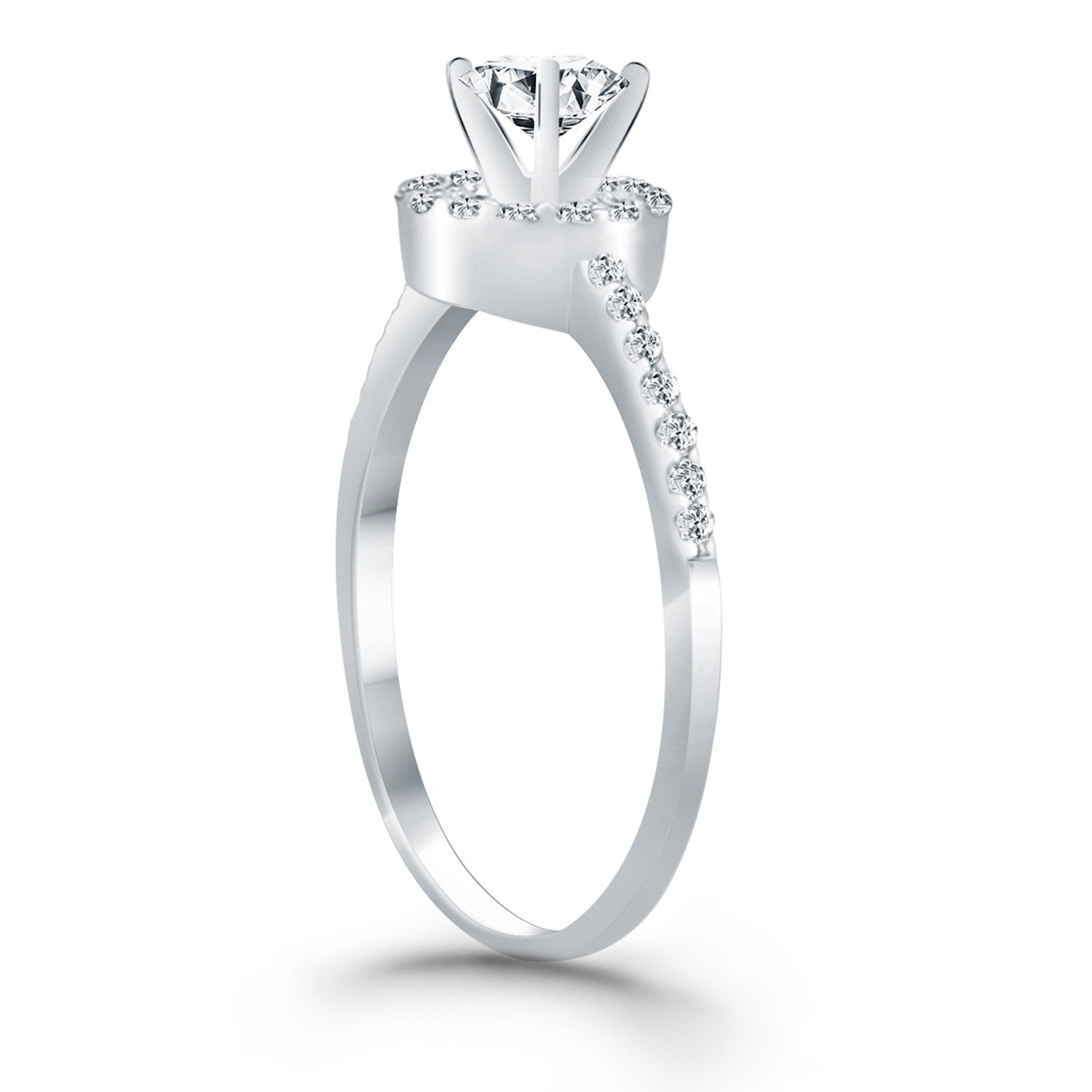 14k white gold diamond halo collar engagement ring with a round center stone.
