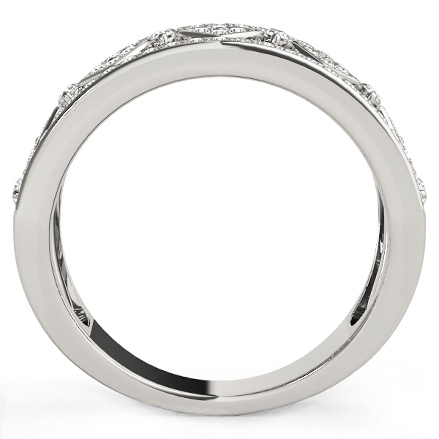 Diamond studded square motif ring in 14k white gold, side view.