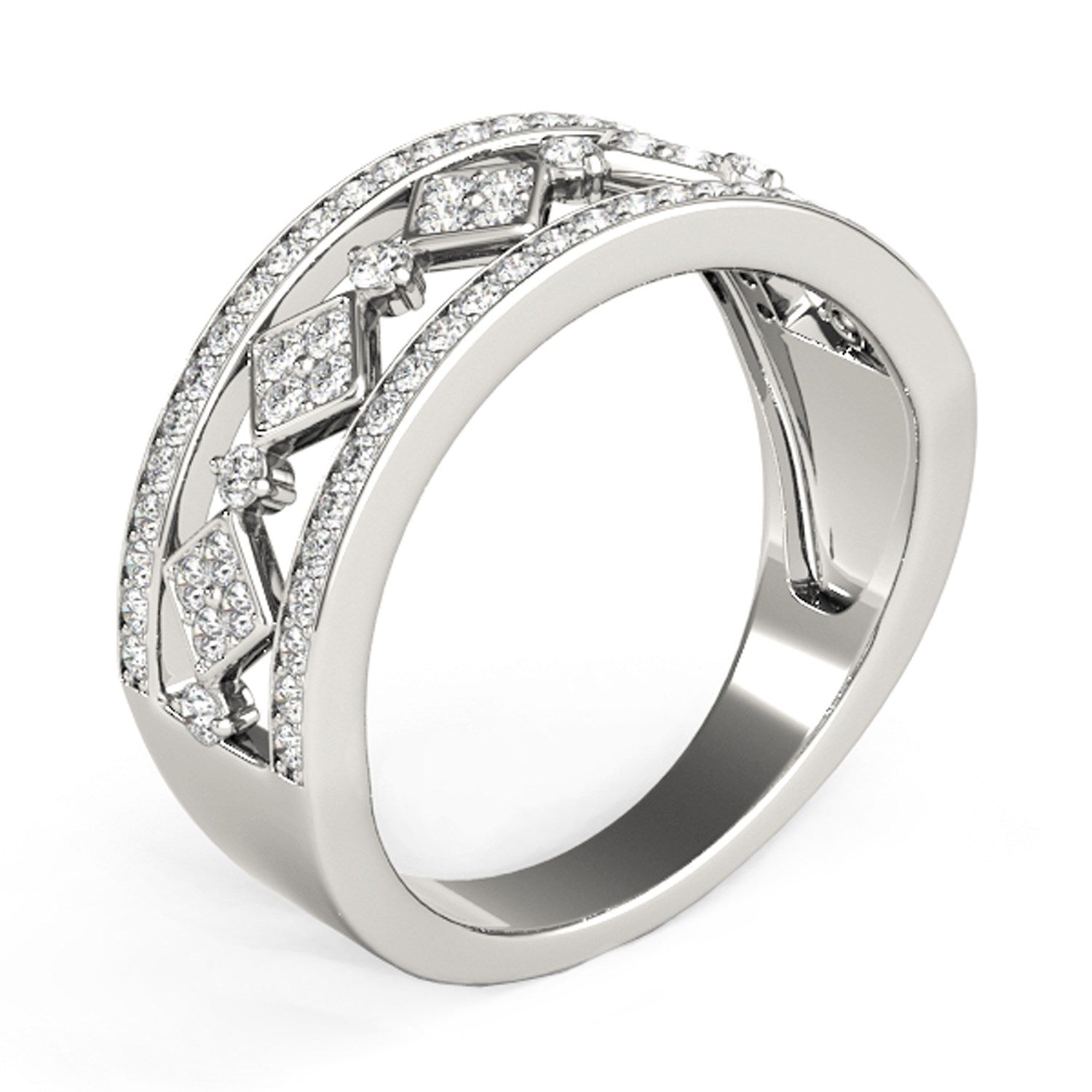 14k white gold ring with diamond-studded square motifs.