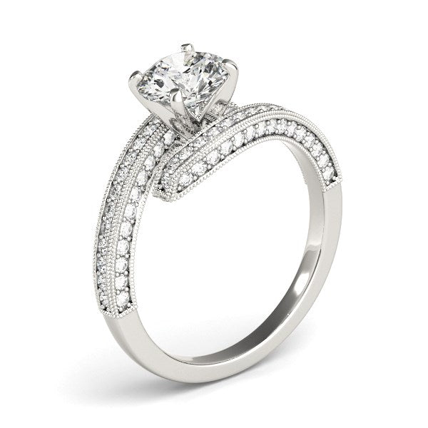 14k white gold round diamond bypass style engagement ring with pave and milgrain detailing.