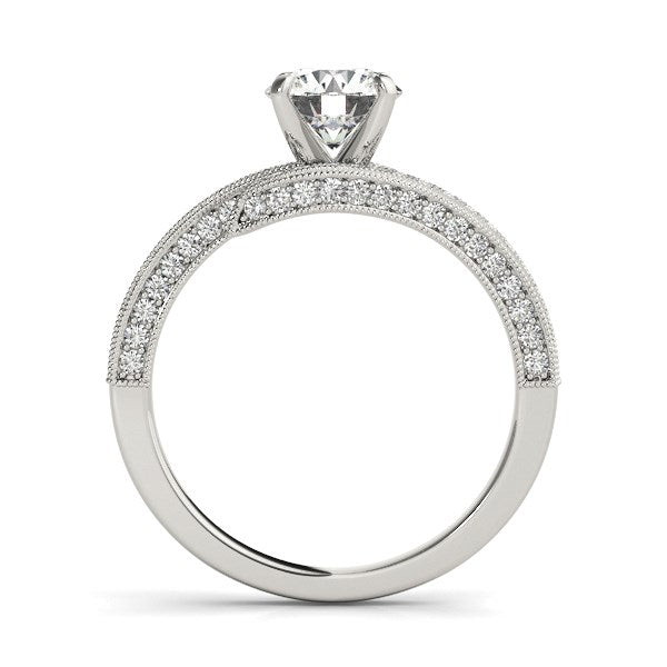 14k white gold round diamond bypass style engagement ring with pave and milgrain detailing.