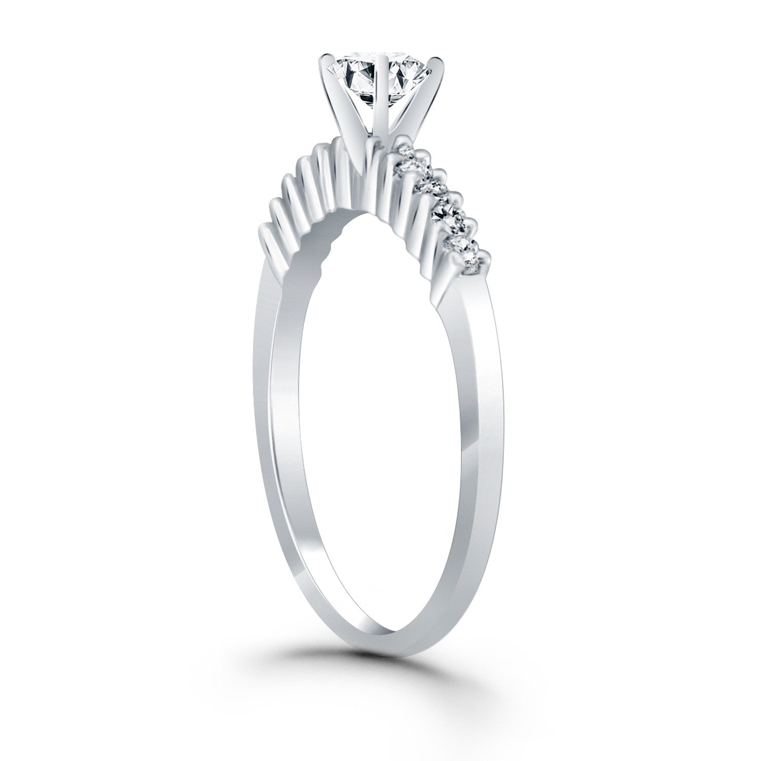14k white gold engagement ring with a round center diamond and ten accent diamonds.