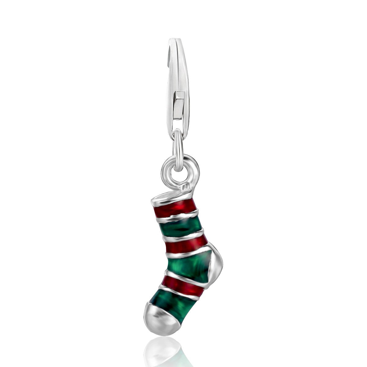 Sterling silver stocking charm with red and green enamel stripes and a lobster clasp.
