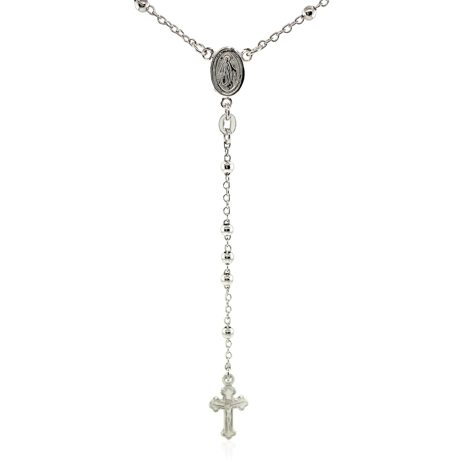 Sterling silver rosary chain and bead necklace with a crucifix and Miraculous Medal.